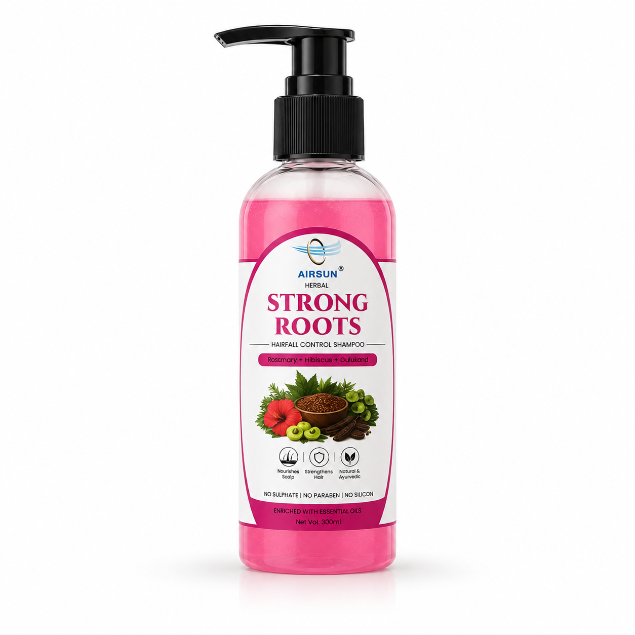 AIRSUN Strong Roots Hairfall Control Shampoo – Rosemary, Hibiscus & Gulkand | 500ml