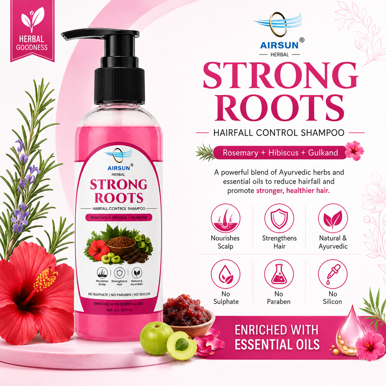 AIRSUN Strong Roots Hairfall Control Shampoo – Rosemary, Hibiscus & Gulkand | 500ml - Image 3