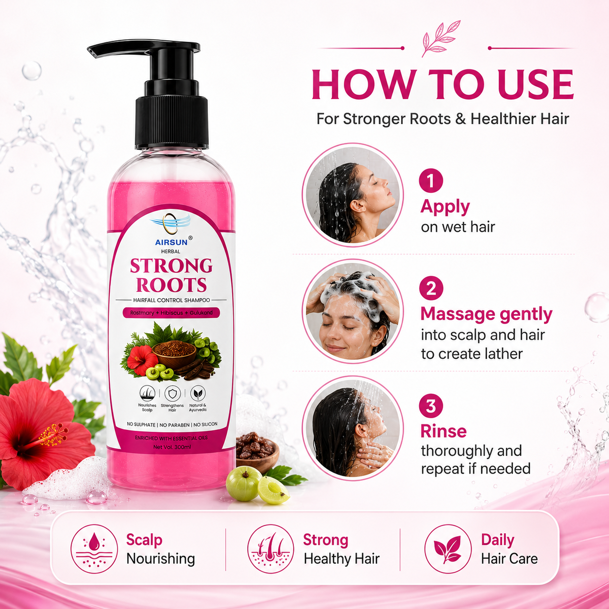 AIRSUN Strong Roots Hairfall Control Shampoo – Rosemary, Hibiscus & Gulkand | 500ml - Image 2