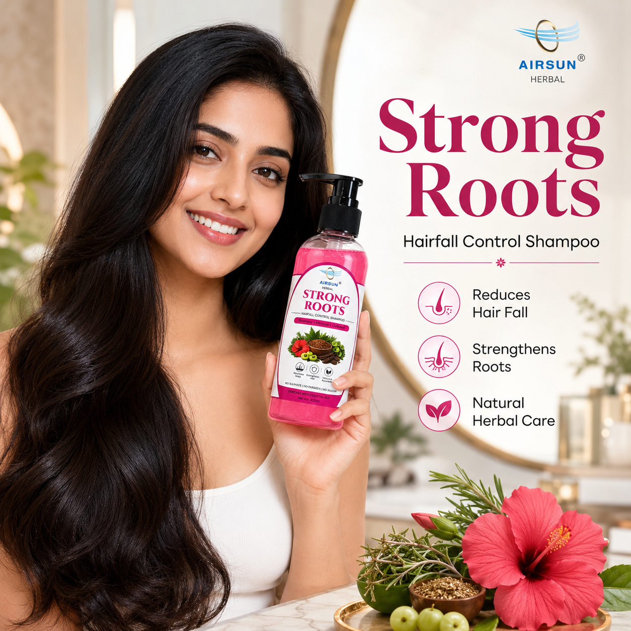 AIRSUN Strong Roots Hairfall Control Shampoo – Rosemary, Hibiscus & Gulkand | 500ml - Image 4